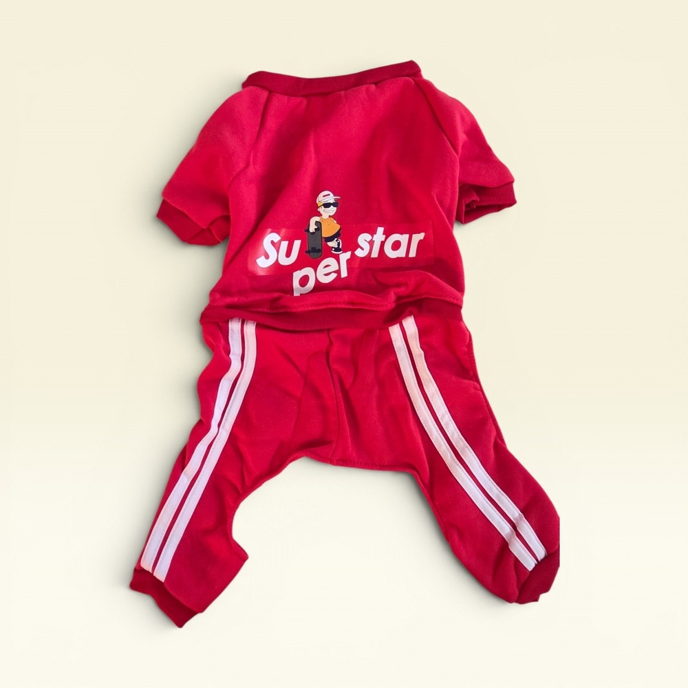 Red Superstar Pet Tracksuit Jumpsuit Dog Cat Athletic Outfit Red White Stripe - Picture 2 of 5